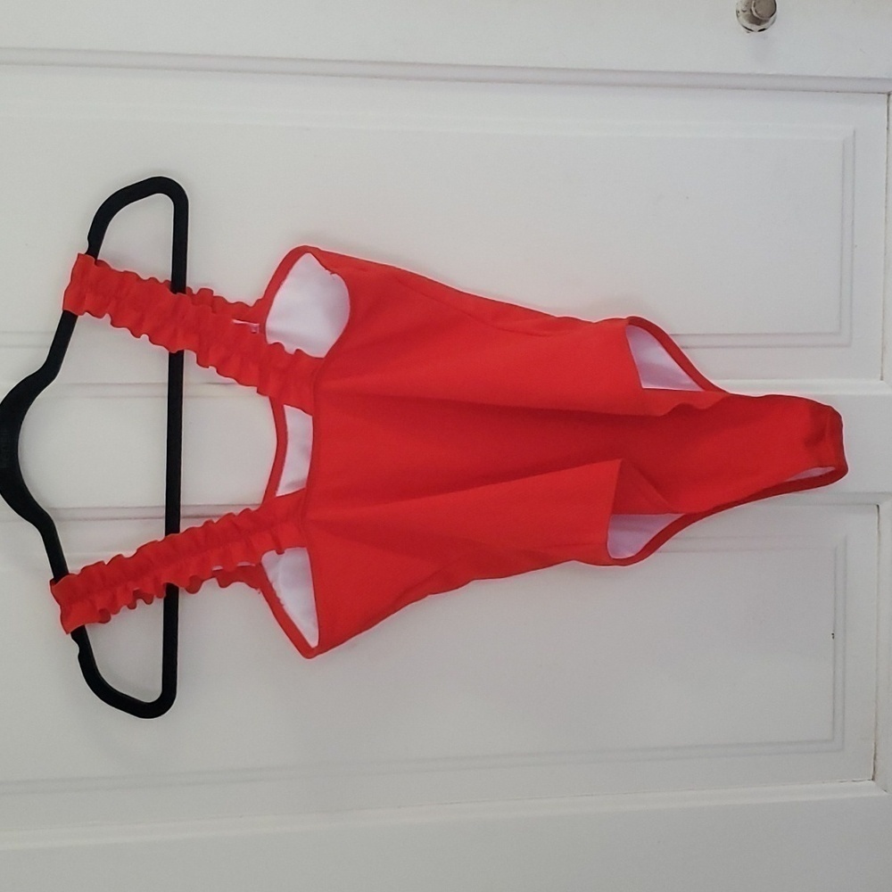 Red Ruffled Strap Ribbed Bathing Suit - Picture 3 of 6